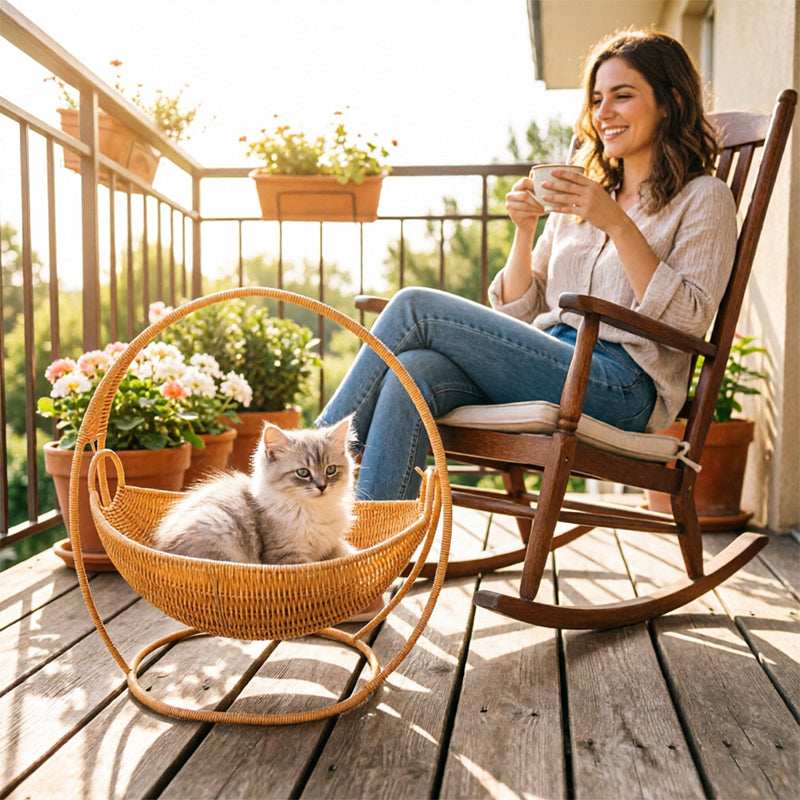 Rattan Cat Bed & House - Waterproof Wicker Cat Cave, Indoor Cat Hammock & Basket Set eprolo