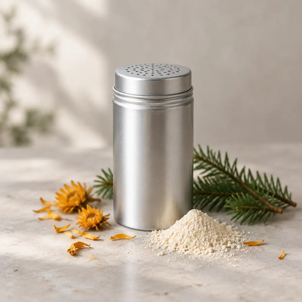 aluminum shaker with diatomaceous earth, calendula flower and a fir branch