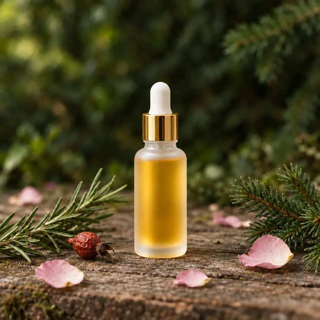 30 ml frosted dropper bottle filled with golden botanical oil