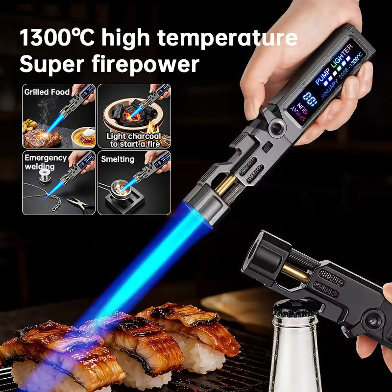 Windproof High‑Temperature High‑Power Outdoor Torch Lighter with LED Digital Display, Metal Body & Bottle Opener eprolo