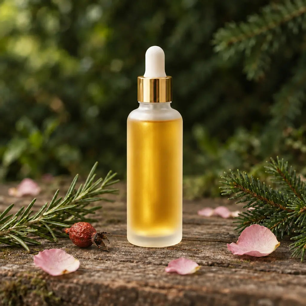 60 ml frosted dropper bottle filled with golden botanical oil