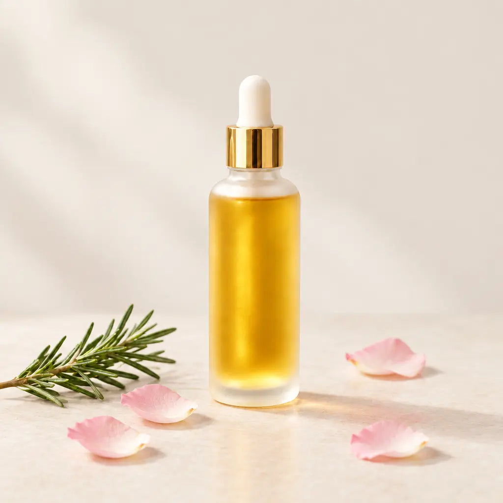 60 ml golden oil dropper bottle on a pale stone surface against a soft neutral studio backdrop
