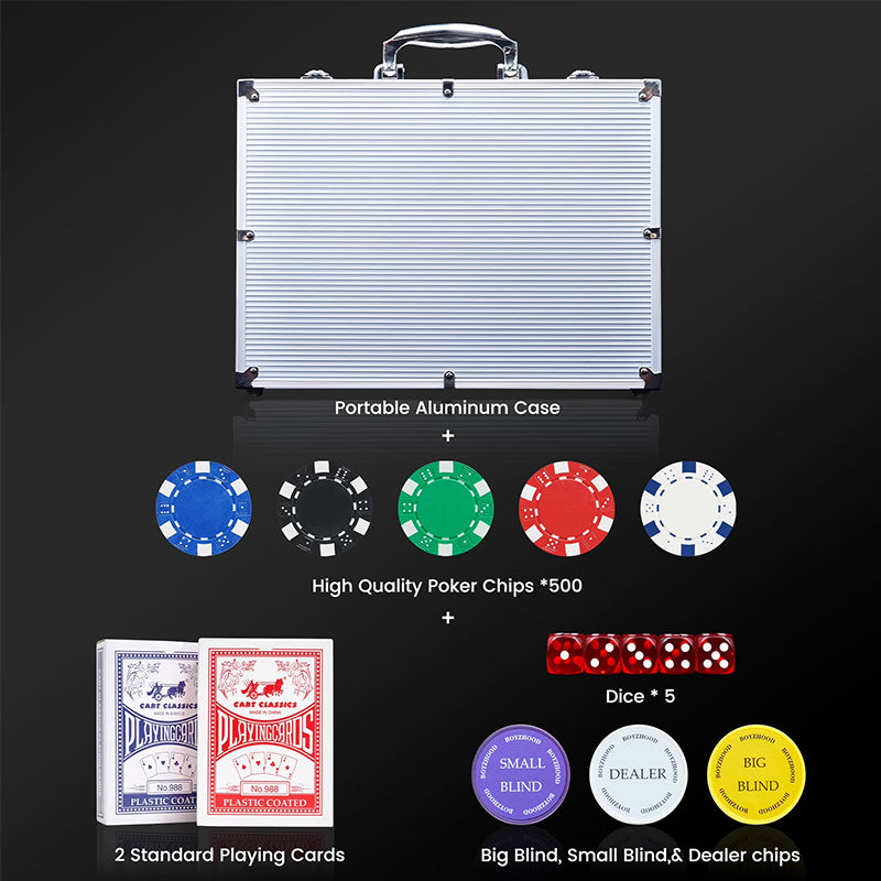 500 PCS Poker Chip Set in Locking Aluminum Briefcase - Texas Hold'em Gambling Kit with Dice, Dealer Button & Cards eprolo