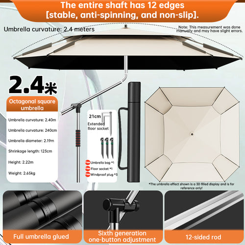 2.0-2.6m Octagonal Fishing Umbrella Portable Beach Sun Shade Camping Parasol UV Waterproof with Carry Bag eprolo