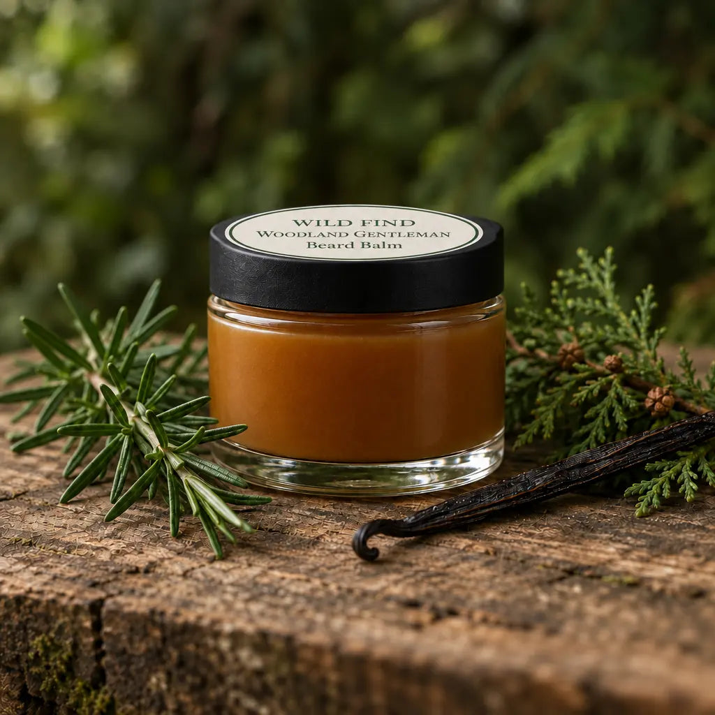 Beard balm jar with a darker amber-brown balm and labelled lid