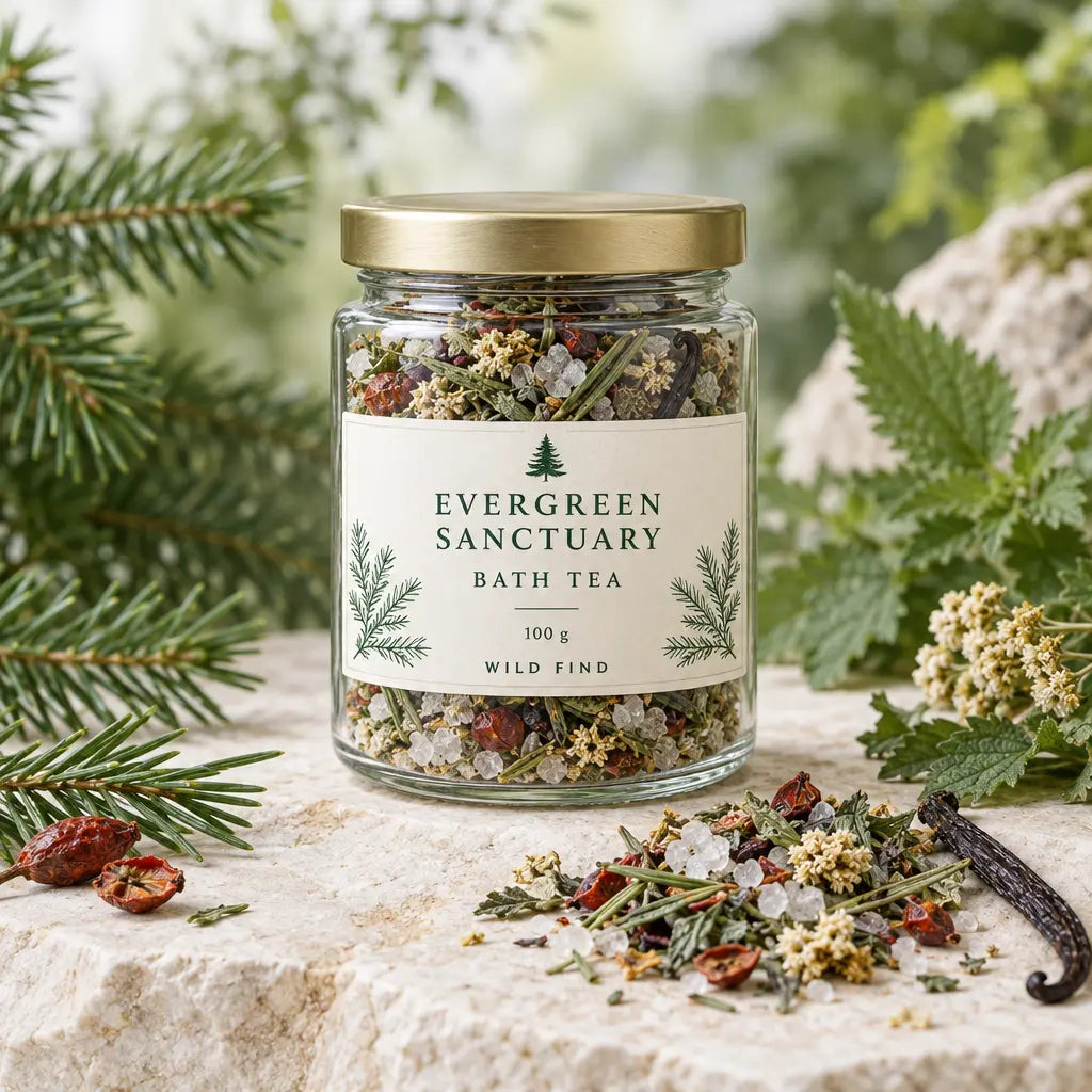 A glass jar of Evergreen Sanctuary Bath Tea with a gold lid and cream label, styled on a stone surface with evergreen branches, sea salt, dried cranberries, and a vanilla bean.