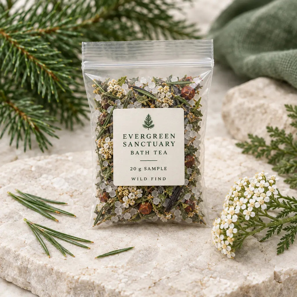 A clear resealable pouch labeled 'Evergreen Sanctuary Bath Tea' filled with dried botanicals, placed on a light stone surface with pine branches, white flowers, and a folded green cloth around it.