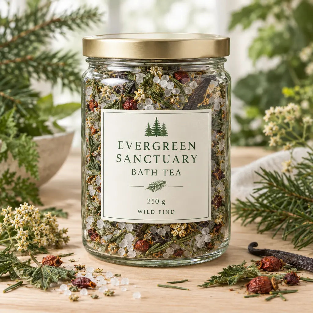 A glass jar of Evergreen Sanctuary Bath Tea with a gold lid and cream label, filled with dried herbs, crystals, and botanicals. The jar is styled on a wooden surface with pine branches, small white flowers, and scattered tea ingredients.