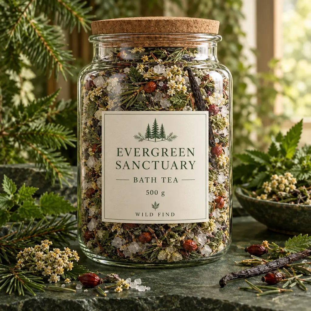 A glass jar of Evergreen Sanctuary Bath Tea with a cork lid, filled with dried herbs, flowers, and spices, set on a stone surface with evergreen branches and a bowl in a natural outdoor setting.