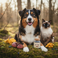 A tricolour Australian Shepherd and a Siamese cat sitting together in a forest surrounded by wild mushrooms and botanicals