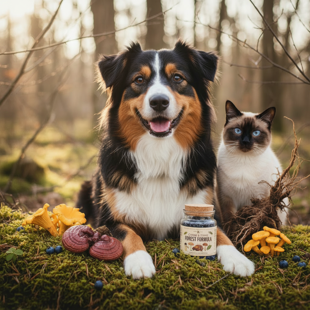 A tricolour Australian Shepherd and a Siamese cat sitting together in a forest surrounded by wild mushrooms and botanicals