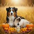 Pumpkin Meadow - Aussie lying down with Siamese curled up