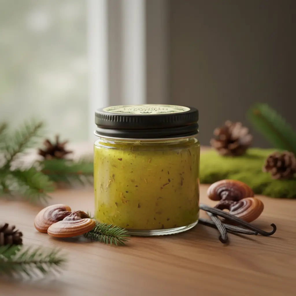 Realistic product photo of the Ancient Evergreen Guardian Salve jar on a wooden surface with evergreen, reishi, and vanilla styling