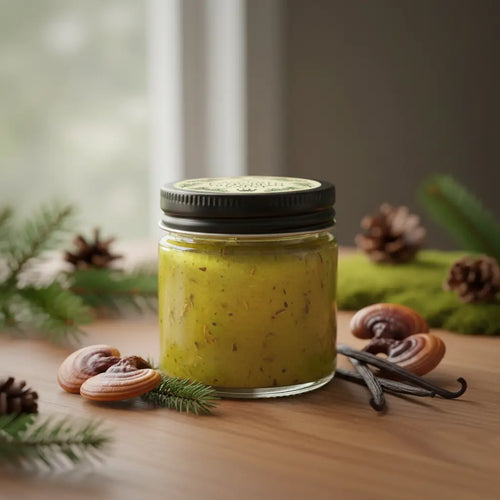 Realistic product photo of the Ancient Evergreen Guardian Salve jar on a wooden surface with evergreen, reishi, and vanilla styling