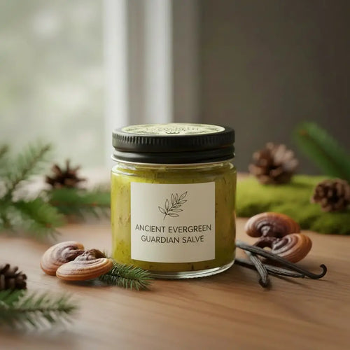 Realistic product photo of the Ancient Evergreen Guardian Salve jar with a square front label reading the product name, styled with evergreen, reishi, and vanilla