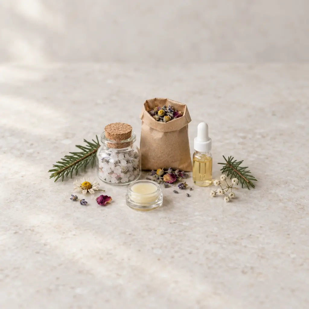Sample-size botanical set flat lay